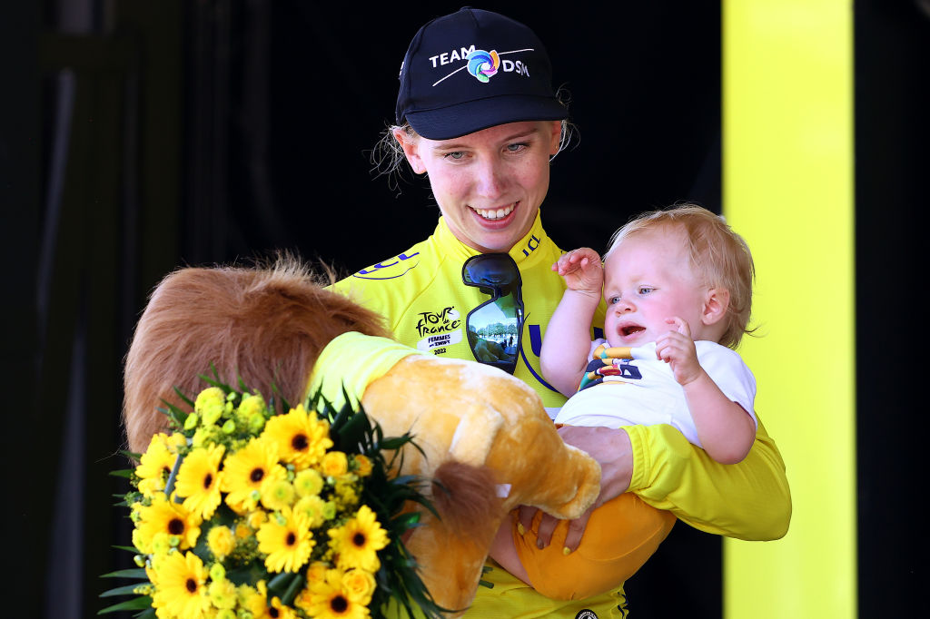 PARIS FRANCE JULY 24 Lorena Wiebes of Netherlands and Team DSM Women celebrates at podium as Yellow Leader Jersey winner during the 1st Tour de France Femmes 2022 Stage 1 a 817km stage from Paris Tour Eiffel to Paris Champslyses TDFF UCIWWT on July 24 2022 in Paris France Photo by Michael SteeleGetty Images