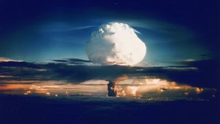 Ivy Mike was the first "true" hydrogen bomb tested by the United States. This 10.4 megaton explosion obliterated Elugelab, the island it was detonated on in the Eniwetok Atoll.
