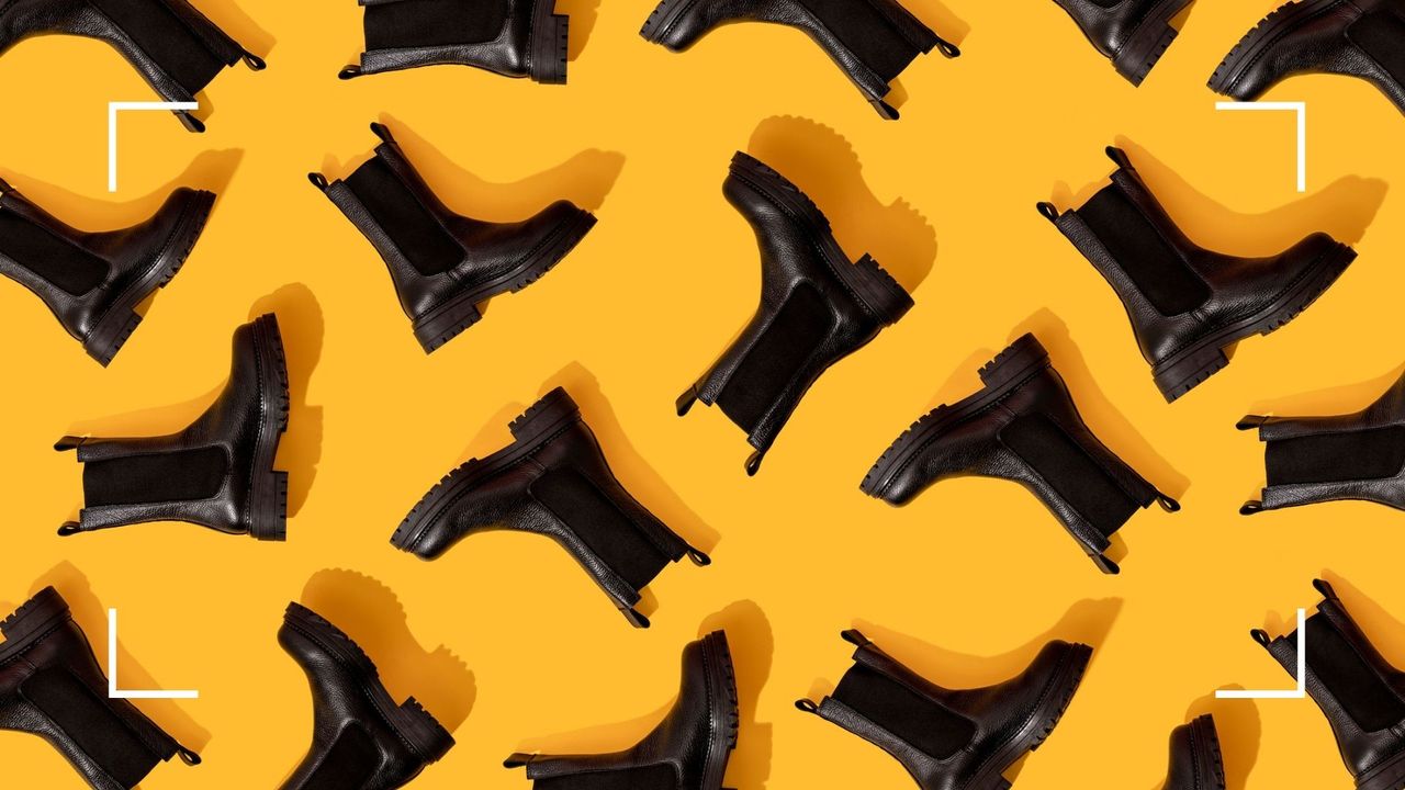 Black chunky boots arranged in a pattern on a yellow background with white corner design detail