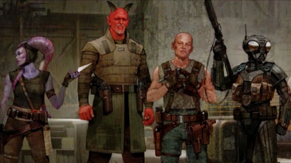 Conceptual artwork of episode six of &quot;The Mandalorian&quot; showing the band of mercenaries that the Mandalorian must team up with in order to do a job.