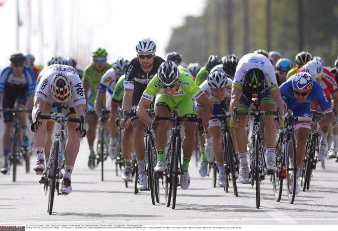 Andre Greipel (Lotto Belisol) wins the opening stage in Oman ahead of Leigh Howard (Orica GreenEdge) and Nicola Ruffoni (Bardiani CSF)