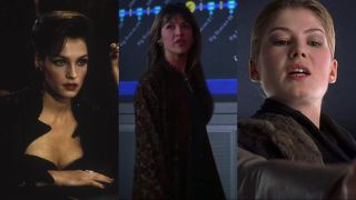 Famke Janssen in Goldeneye, Sophie Marceau in The World is Not Enough, and Rosamund Pike in Die Another Day, pictured side by side.