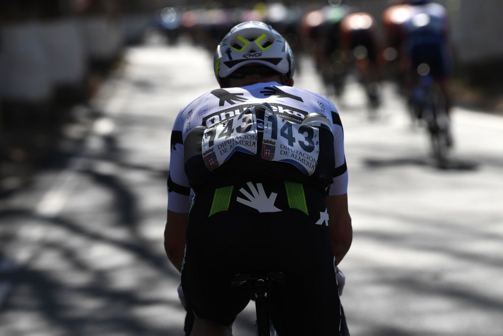 ROQUETAS DE MAR SPAIN FEBRUARY 14 Victor Campenaerts of Belgium and Team Team Qhubeka Assos during the 34th Clsica de Almeria 2021 a 1833km race from Pueblo de Vicar to Roquetas de Mar Feeding Bottle ClasicaAlmeria21 on February 14 2021 in Roquetas de Mar Spain Photo by Tim de WaeleGetty Images
