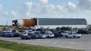 The SLS core stages emerged from the Pegasus barge, which transported it 900 miles from the Stennis Space Centre in Mississippi.