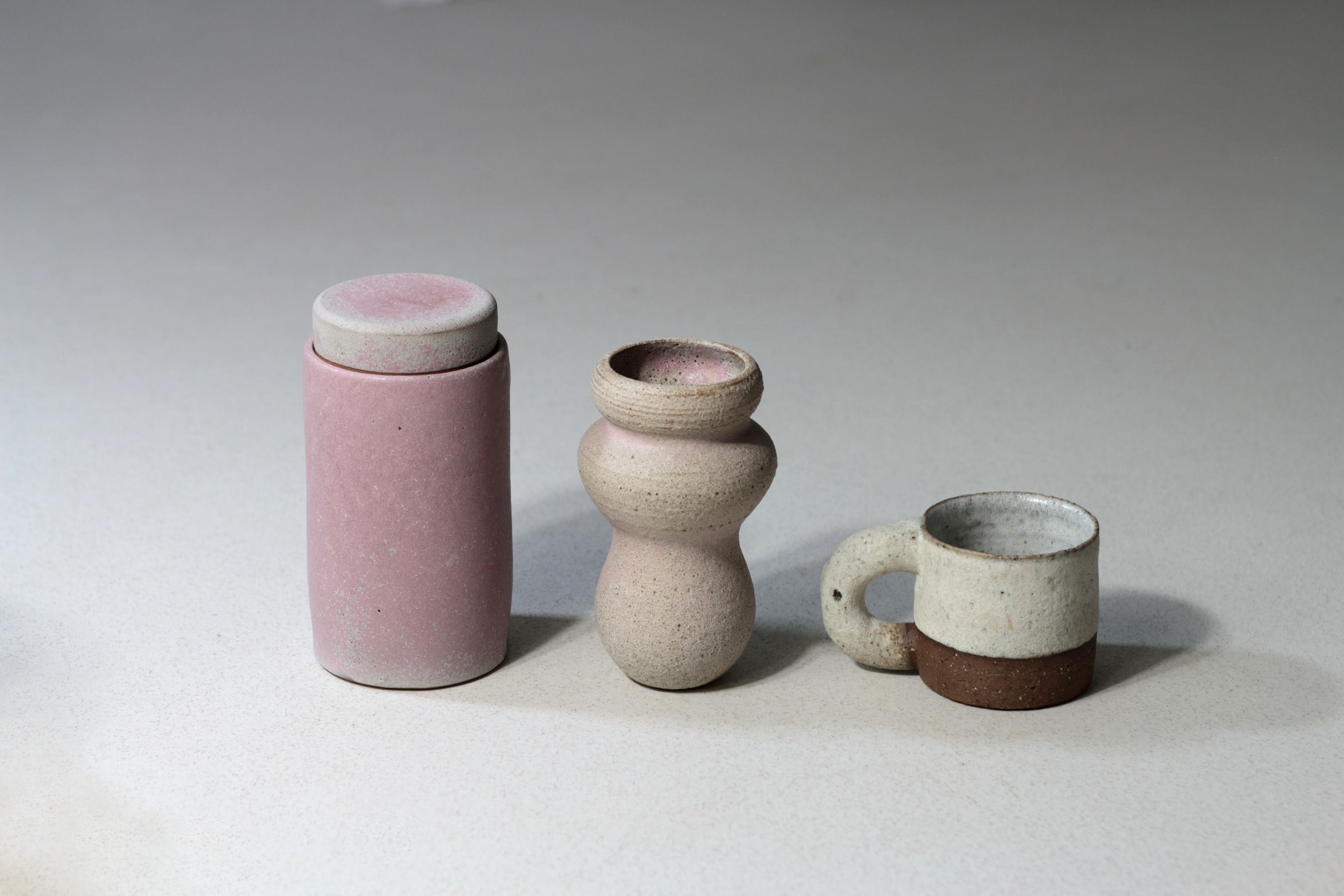 Sam Andrew's lidded pot, vase and mug are all made at Seven Limes Pottery from recycled clay and crushed ceramics