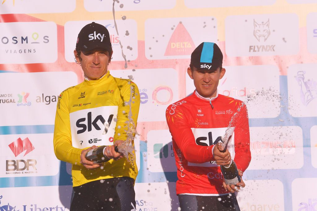 Cycling: 44th Volta Algarve 2018 / Stage 2
Podium / Geraint Thomas of Great Britain Yellow Leader Jersey / Michal Kwiatkowski of Poland Red Sprint Jersey / Celebration / Champagne /
Sagres - Foia 900m (187,9km)/ Algarve / Â© Tim De Waele