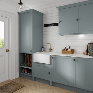 blue utility room with belfast sink and back door