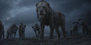The Lion King Scar stands with his hyena army under dark clouds