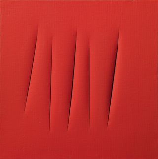 A red canvas with five knife slices in the centre.