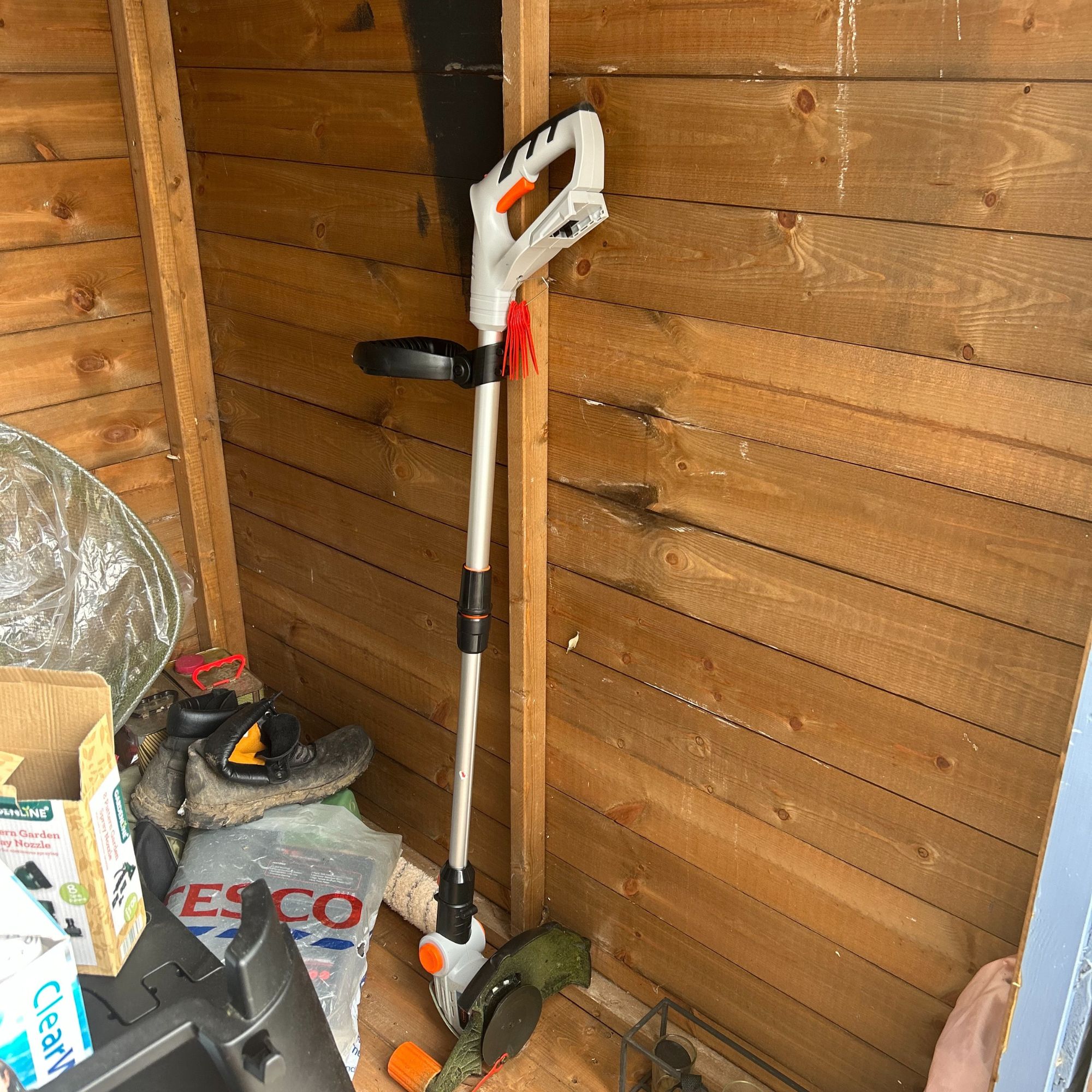 VonHaus G-Series Cordless Grass Trimmer - storing in a shed