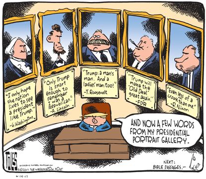 Political cartoon U.S. Trump cabinet compliments Lincoln FDR Nixon