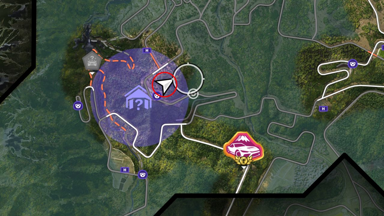 Forza Horizon 6 Barn Finds: A map with a red circle showing the location of the Barn Find within the purple search area.