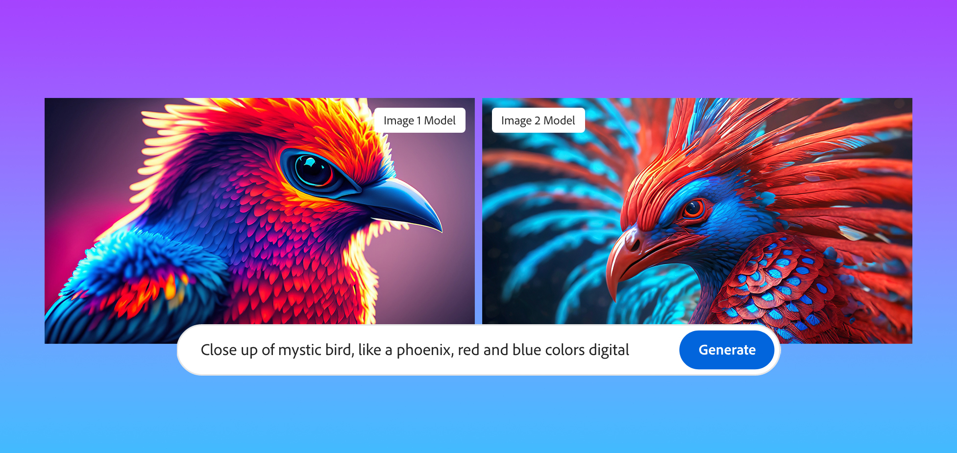 Two generated images of an exotic bird on colorful background generated using Adobe Firefly