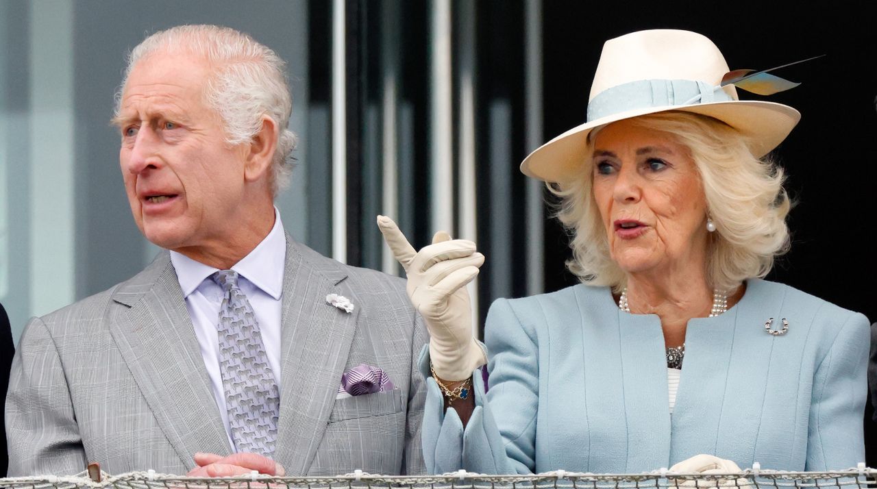 King Charles III and Queen Camilla watch the racing as they attend &#039;Ladies Day&#039; of the Betfred Derby Festival 2024 at Epsom Downs Racecourse on May 31, 2024 in Epsom, England.