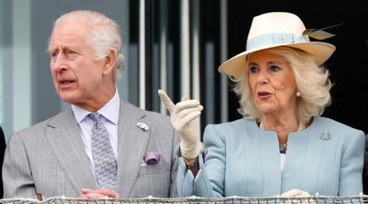 King Charles III and Queen Camilla watch the racing as they attend 'Ladies Day' of the Betfred Derby Festival 2024 at Epsom Downs Racecourse on May 31, 2024 in Epsom, England.