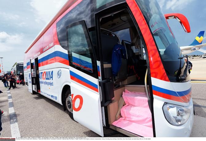 The Katusha bus has pink lining on the steps