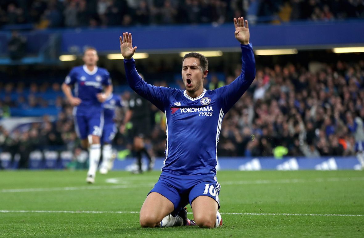 Eden Hazard celebrates his goal against Manchester United