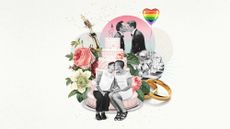 Illustration of gay couples and wedding items, including cake, champagne, rings and confetti