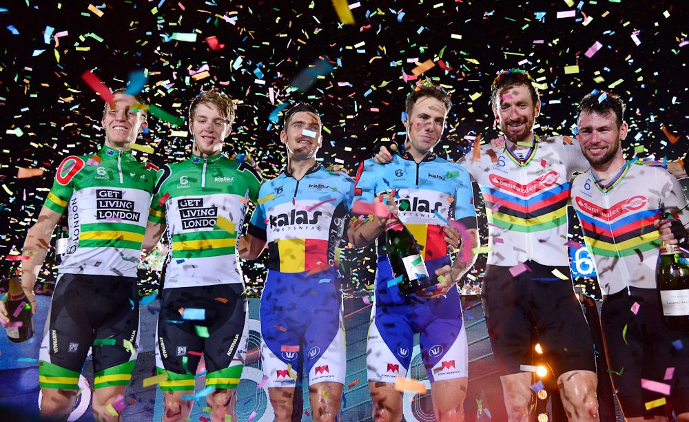 Cameron Meyer and Callum Scotson of Australia, Kenny de Ketele and Moreno de Pauw of Belgium and Bradley Wiggins and Mark Cavendish of Great Britain celebrate on the Podium after the final of the Six Day