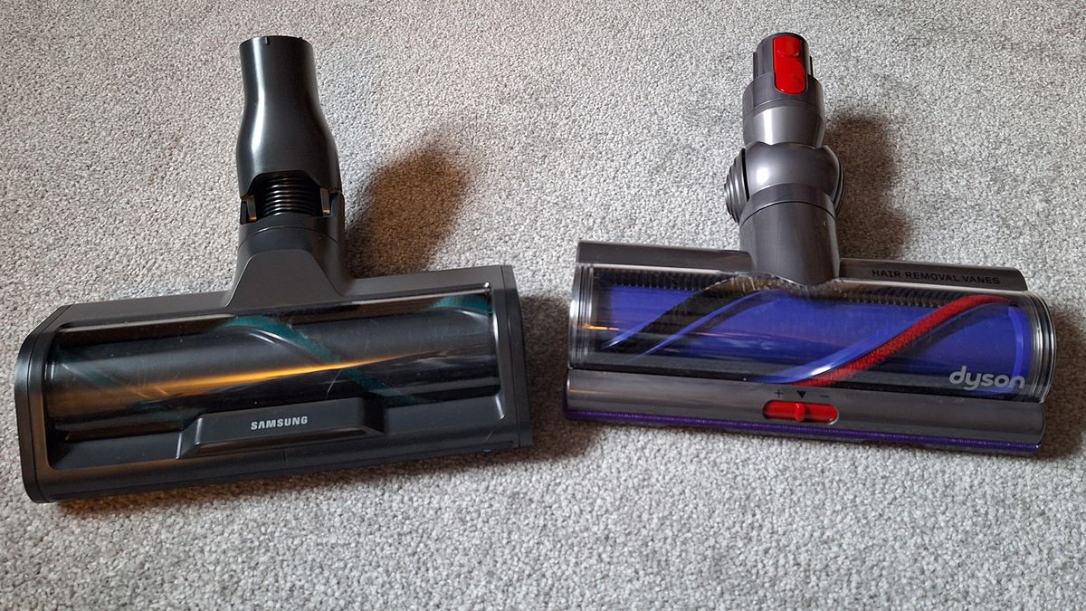 Samsung Bespoke AI Jet Ultra Active Dual Brush next to Dyson Gen5detect Digital Motorbar floorhead
