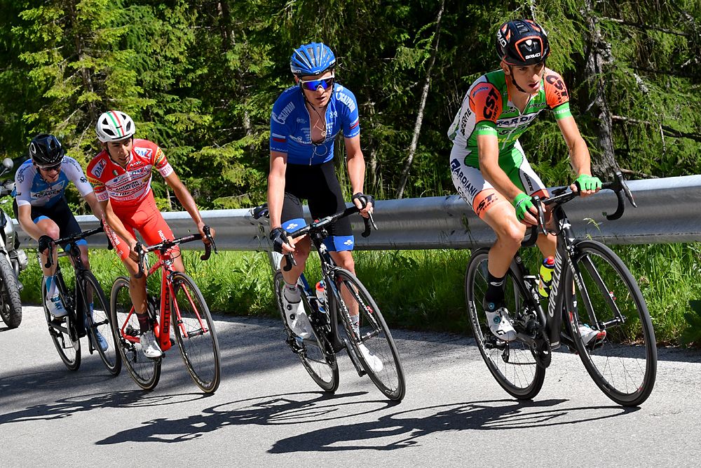 Giulio Ciccone (Bardiani-CSF) leads the select group on the finale climb