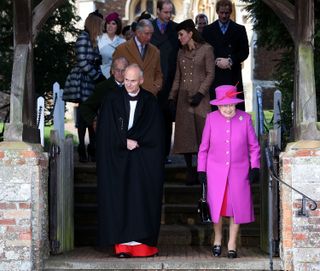 Queen Elizabeth II leaves church with Prince William, Duke of Cambridge, Catherine, Duchess of Cambridge, Prince Philip, Duke of Edinburgh, Prince Charles, Prince of Wales and Prince Harry after the Christmas Day church service