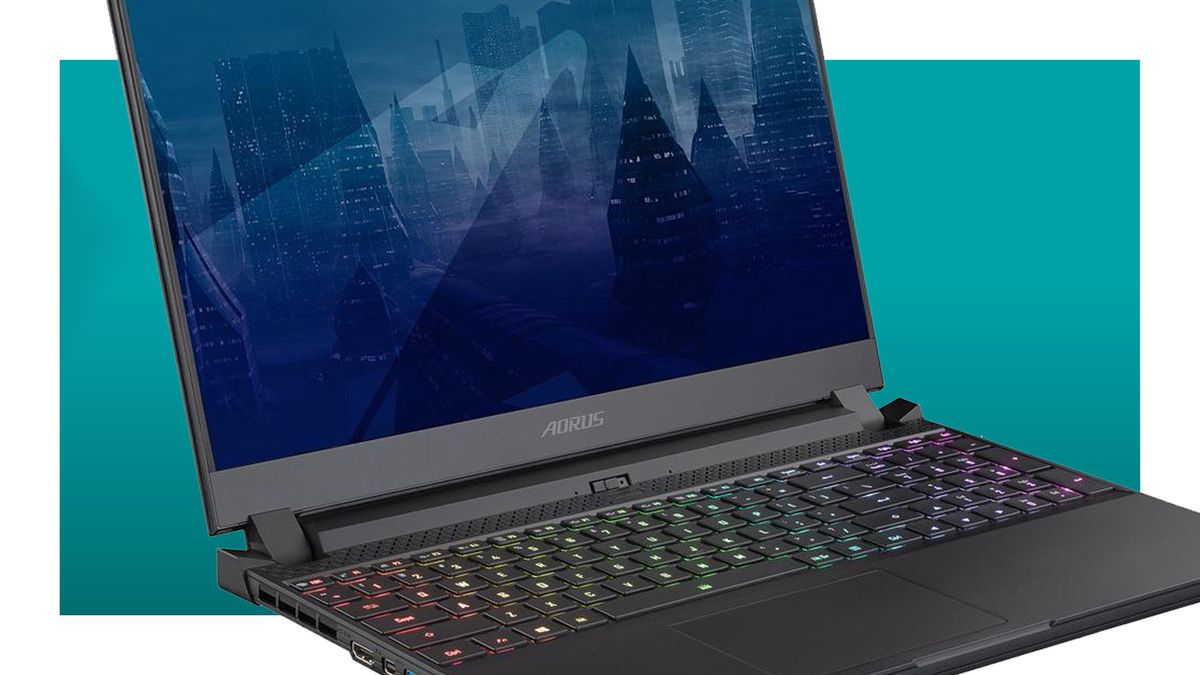 Aorus gaming laptop on a blue background