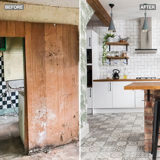 kitchen makeover brick island grey patterned floor white units