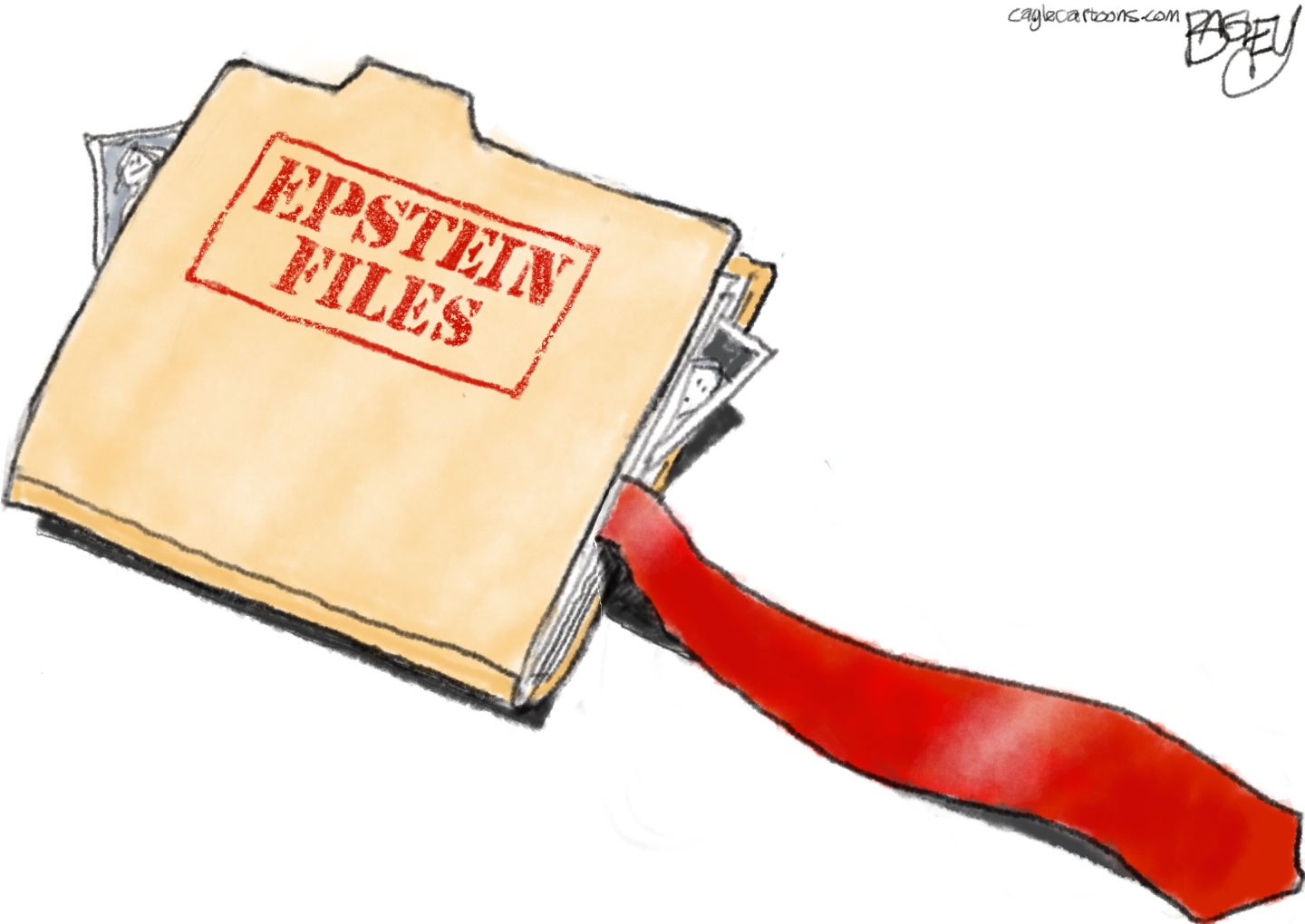 This cartoon depicts a file labeled &amp;ldquo;Epstein Files&amp;rdquo; that is filled with photos and a bright red tie like Donald Trump wears.