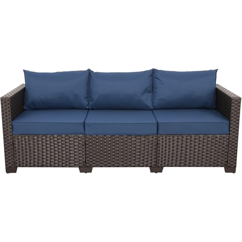 Rattan Star Patio Furniture Outdoor Couch 3 Seater Sofa Outdoor Brown Wicker Sofa Deep Seat High Backrest Patio Couch With Non-Slip Cushions and Waterproof Cover, Navy Blue