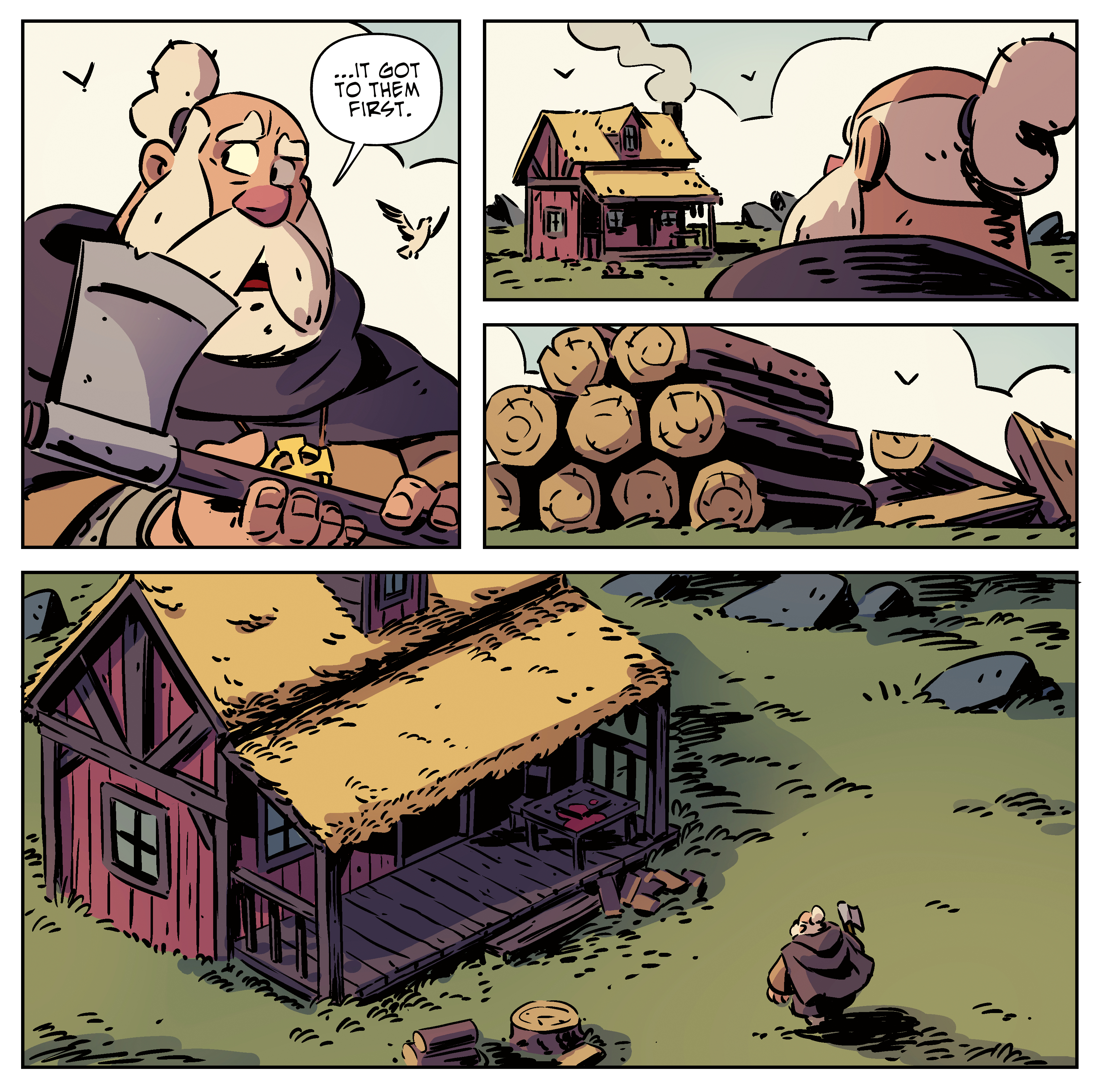 Comic art; panels showing an old man and some logs