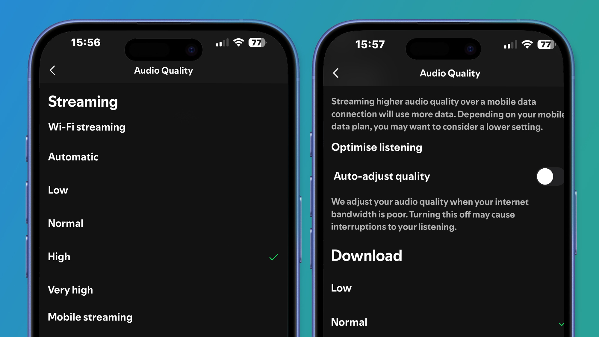 Screen shots o Spotify's audio quality settings