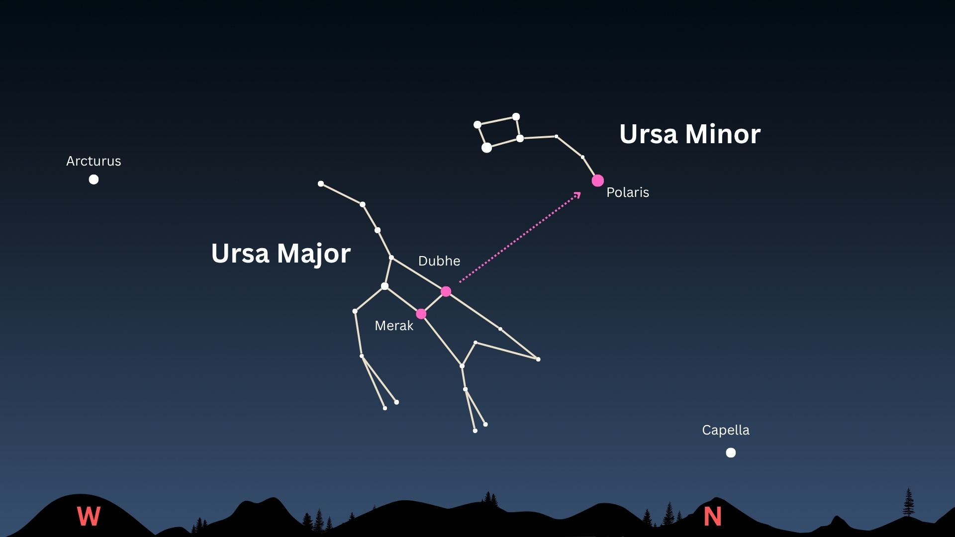 an illustration of two constellations in the night sky; one looks roughly like a bear, the other like a &#039;square&#039; with a tail