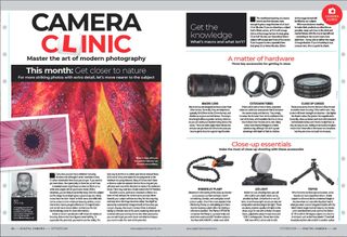 Opening two pages of the Camera Clinic article from the October 2024 issue of Digital Camera magazine, about photographing macro in nature