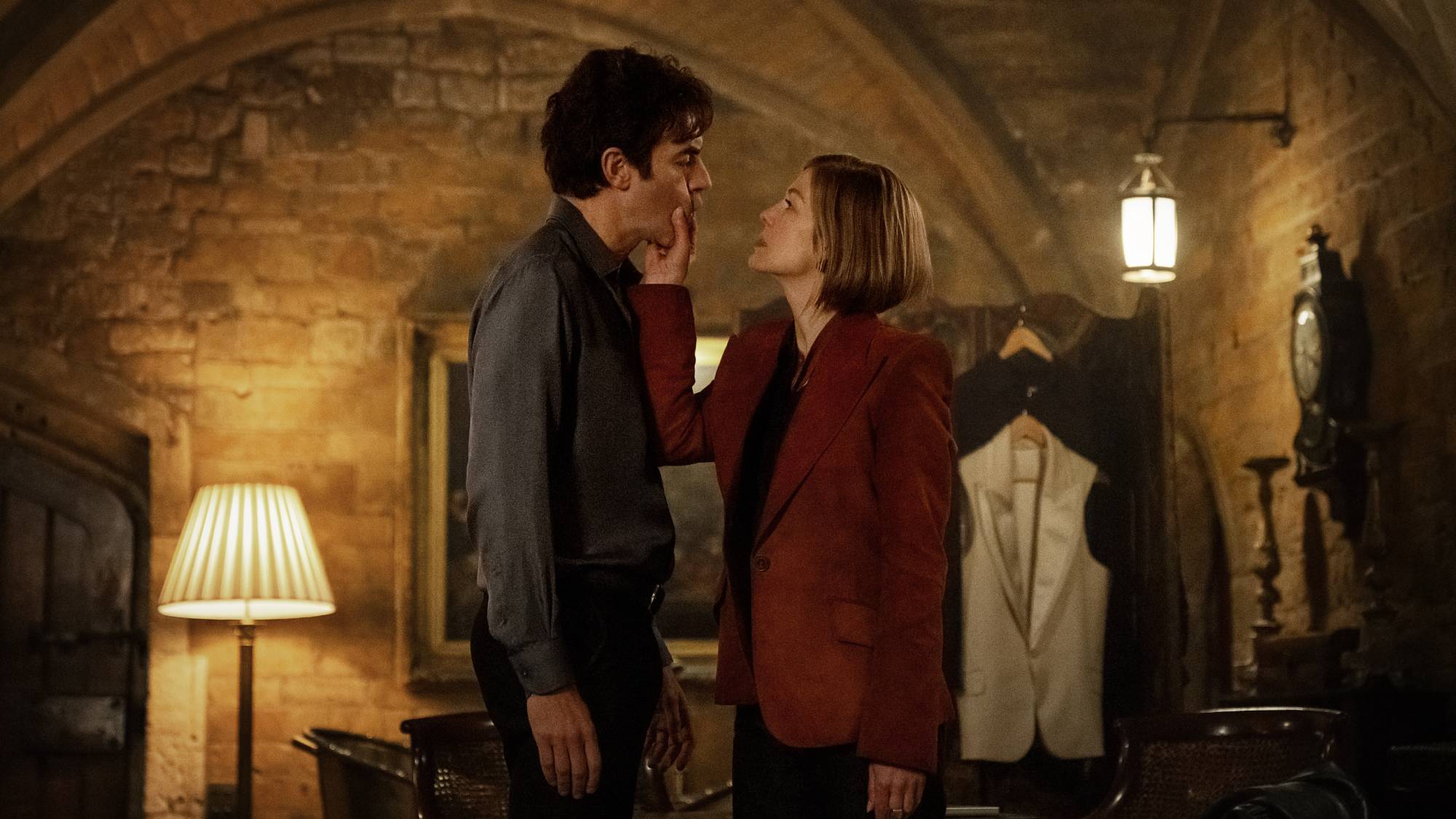 (L-R) Sacha Baron Cohen as Damien Sachs and Rosamund Pike as Alex Fox in "Ladies First"