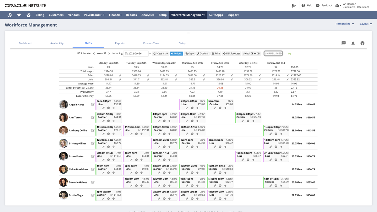 A screenshot from Oracle NetSuite&amp;#039;s Workforce Management, showing a detailed employee shift schedule