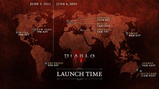 Diablo 4 launch times image showing timezeones that correlate to 4 pm Pacifit Daylight Time on June 5 across the world.