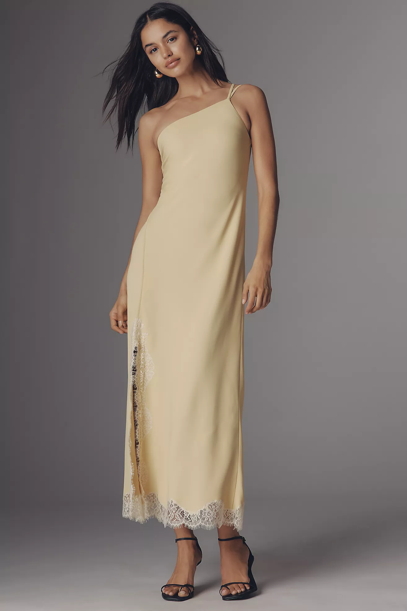 Bl-Nk Satin One-Shoulder Lace Midi Dress