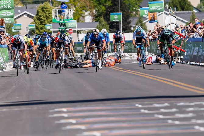 Riders crash hard as the field sprints to the line of stage 1 of the 2019 Tour of Utah