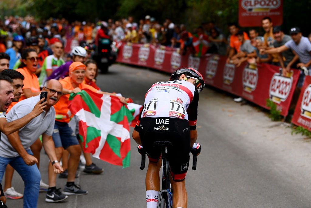 BILBAO SPAIN AUGUST 24 Marc Soler Gimenez of Spain and UAE Team Emirates attacks in the breakaway during the 77th Tour of Spain 2022 Stage 5 a 1872km stage from Irn to Bilbao LaVuelta22 WorldTour on August 24 2022 in Bilbao Spain Photo by Tim de WaeleGetty Images