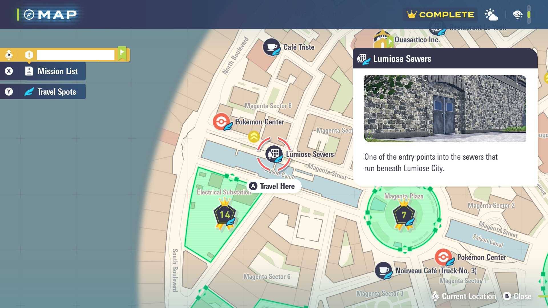 Screenshot showing Pokemon Legends: Z-A Lumiose Sewers entry next to the Saison Canal.