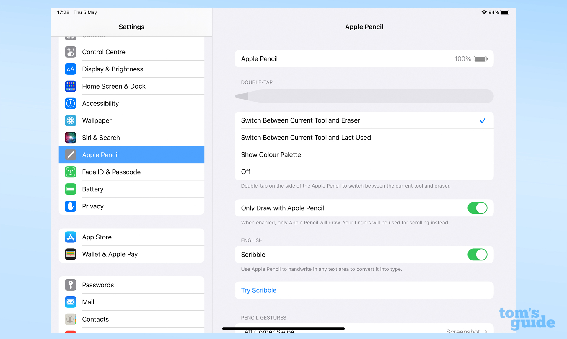 Apple Pencil submenu for iPadOS Settings app