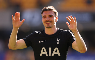 Joao Palhinha of Tottenham Hotspur celebrates after the team's victory in the Premier League match between Wolverhampton Wanderers and Tottenham Hotspur at Molineux on April 25