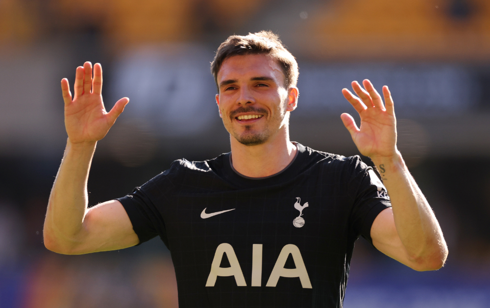 Joao Palhinha of Tottenham Hotspur celebrates after the team's victory in the Premier League match between Wolverhampton Wanderers and Tottenham Hotspur at Molineux on April 25