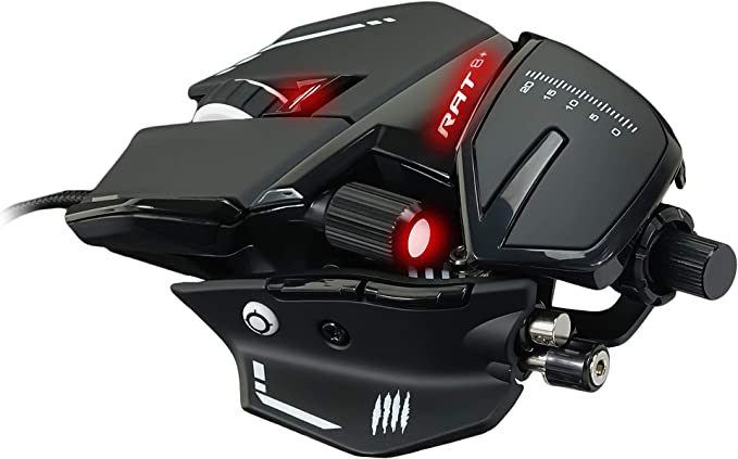A Mad Catz Rat 8 mouse pictured from isometric perspective