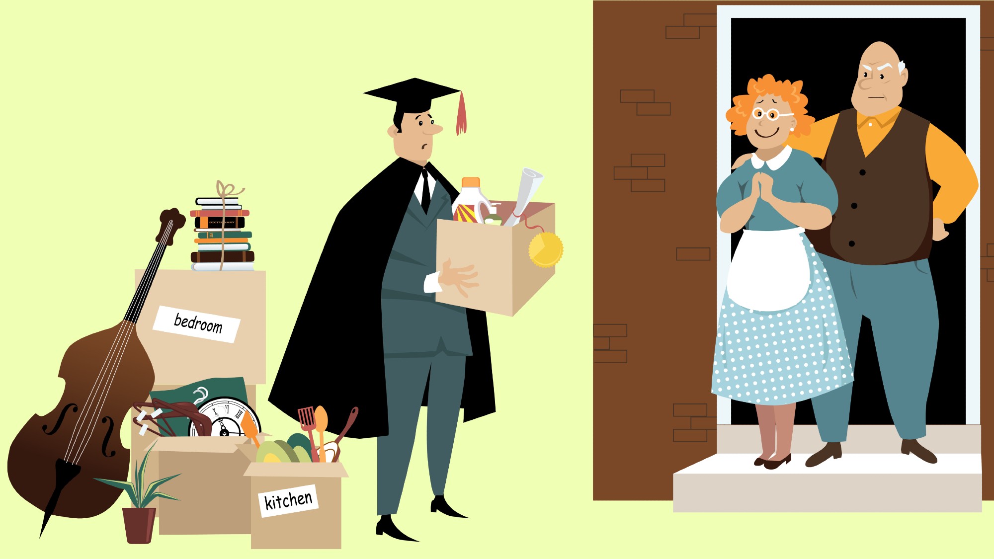 Illustration of a college graduate moving back home with his parents