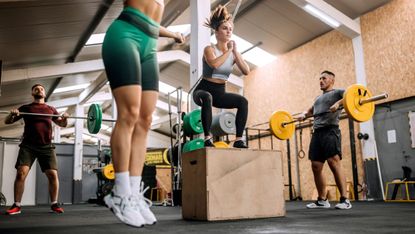 Two women trying circuit training in a Crossfit box