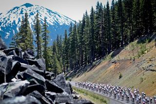 The peloton heads towards the finish at Mount Hood in the Oregon backcountry.