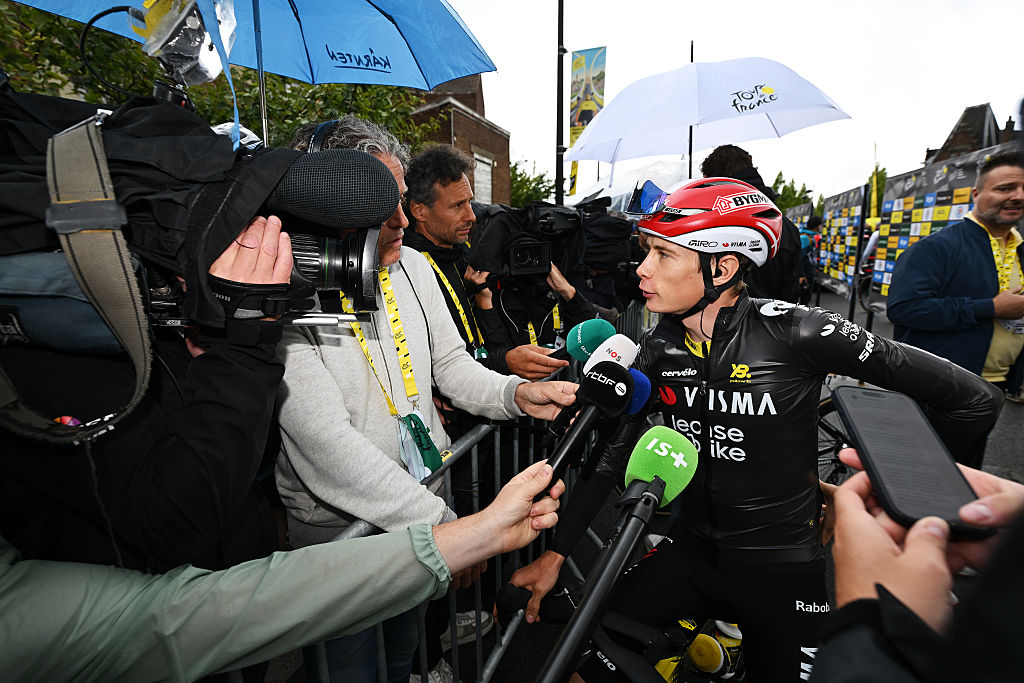 VALENCIENNES, FRANCE - JULY 07: Jonas Vingegaard of Denmark and Team Visma | Lease a Bike meets the media press prior to the 112th Tour de France, Stage 3 a 178.3km stage from Valenciennes to Dunkerque / #UCIWT / on July 07, 2025 in Valenciennes, France. (Photo by Tim de Waele/Getty Images)