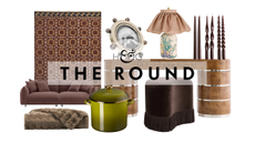 Labor Day home decor deals for fall, including a geometrically patterned chocolate brown rug, mauve sofa, Cozy Earth throw, Le Creuset pot, fringed ottoman, burl wood console, skirted lamp, and more